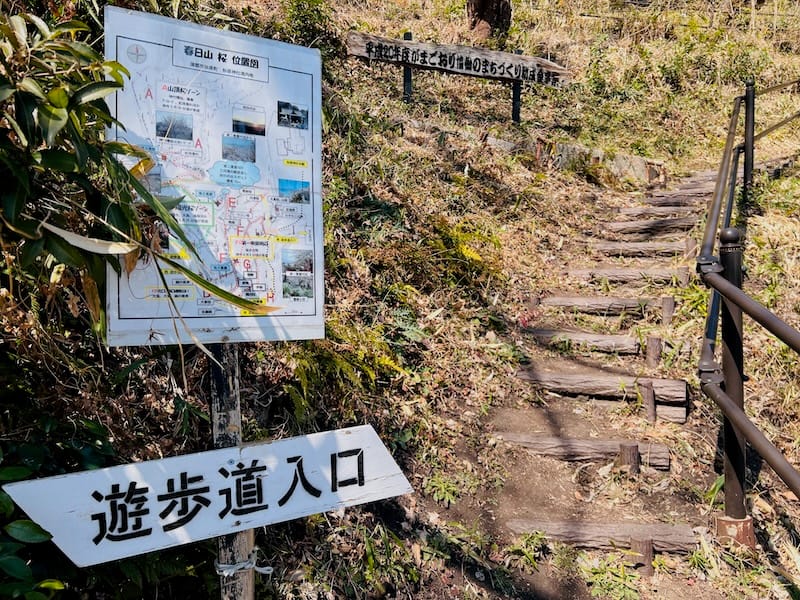 展望台「遊歩道入口」の看板と遊歩道