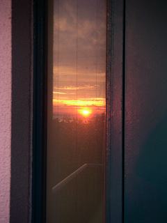 窓に映った夕陽